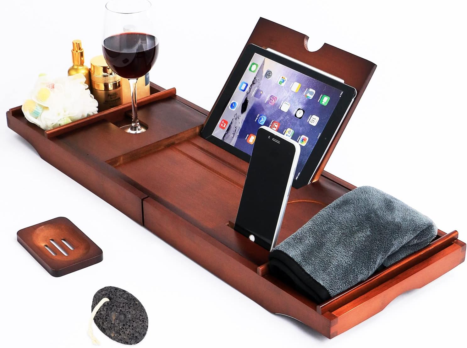 CYPRESS RIVER BRANDS - Bamboo Bathtub Tray with Extendable Sides & Foldable Legs - Premium Bath Table - Incl. Soap Tray, Lava Pumice Stone & Spa Trays : Home & Kitchen