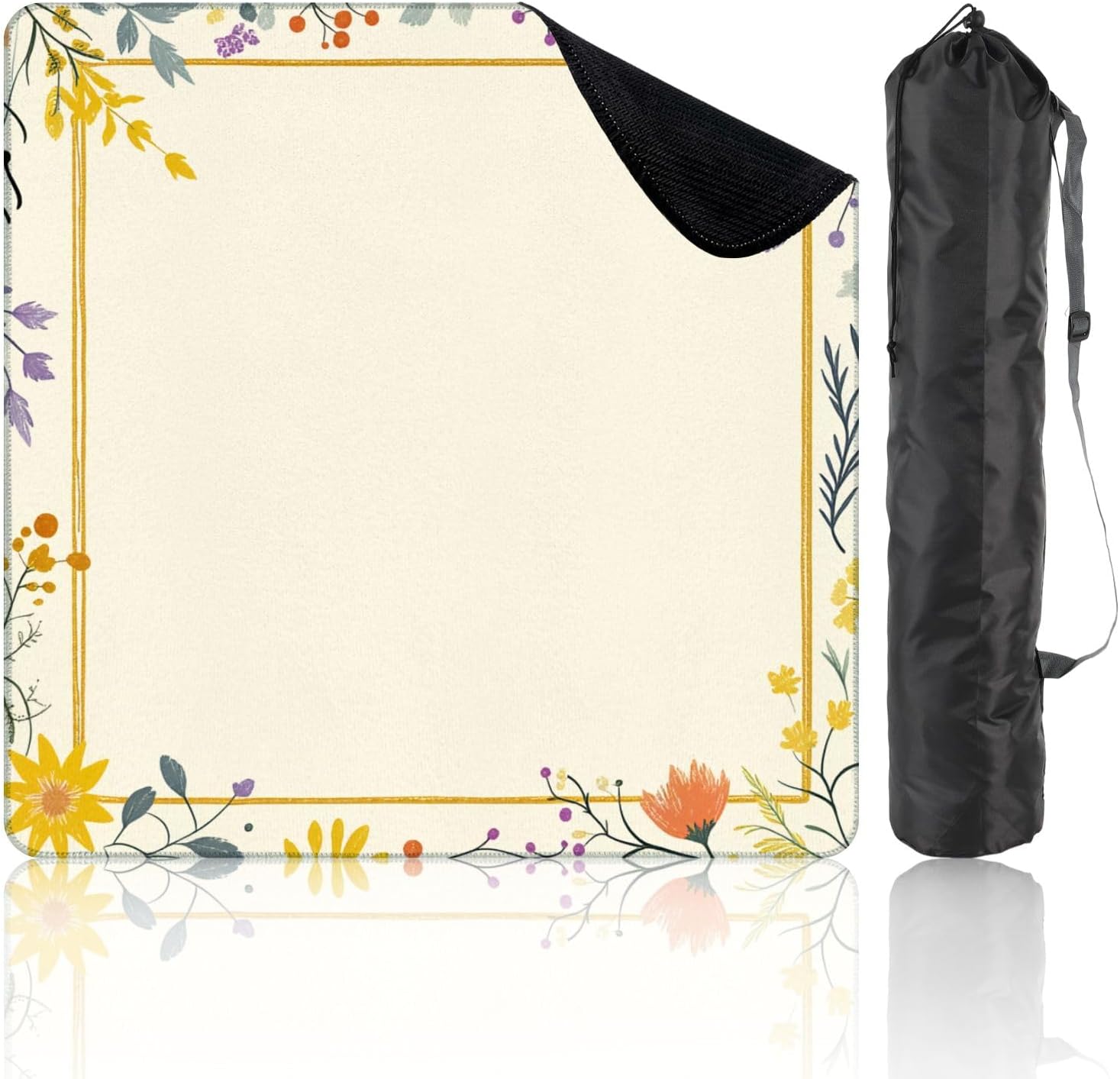 Mahjong Mat for Table Floral Border Bright Yellow Orange Flowers Soft Illustrated Style 31.5"x31.5" Non-Slip Noise Reduction American Mahjong Table Cloth for Poker Card Dominoes Tile Games Gifts