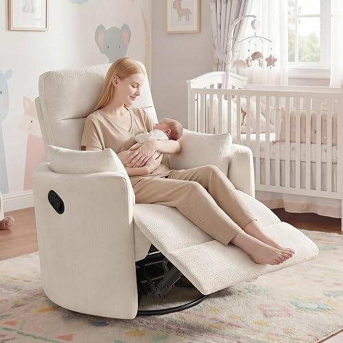 Oversized Nursery Rocking Chair, 360° Swivel Glider Recliner Chair, Chenille Silent Nursery Chair with 2 Pillows and Footrest, Cozy Reclining Sofa for Living Room, Bedroom, Nursing, Beige