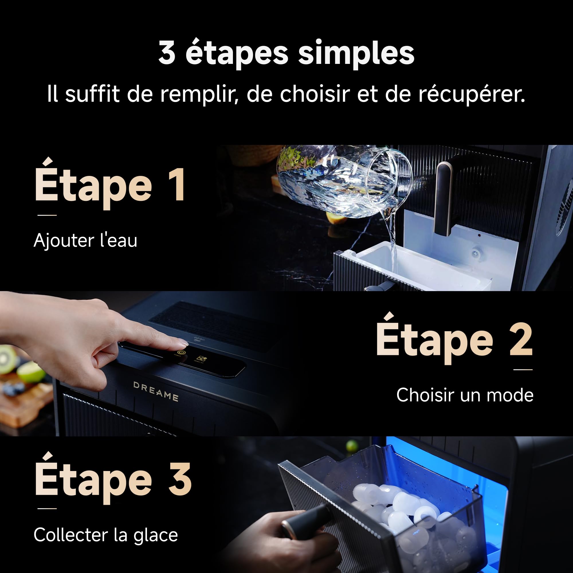 DREAME Aura Bullet Machine à Glaçons, Produisant des Glaçons en 6 Min, avec Réservoir et Panier Séparés, Deux Tailles de Glaçons, Commande Numérique, Éclairage LED et Mode Autonettoyage