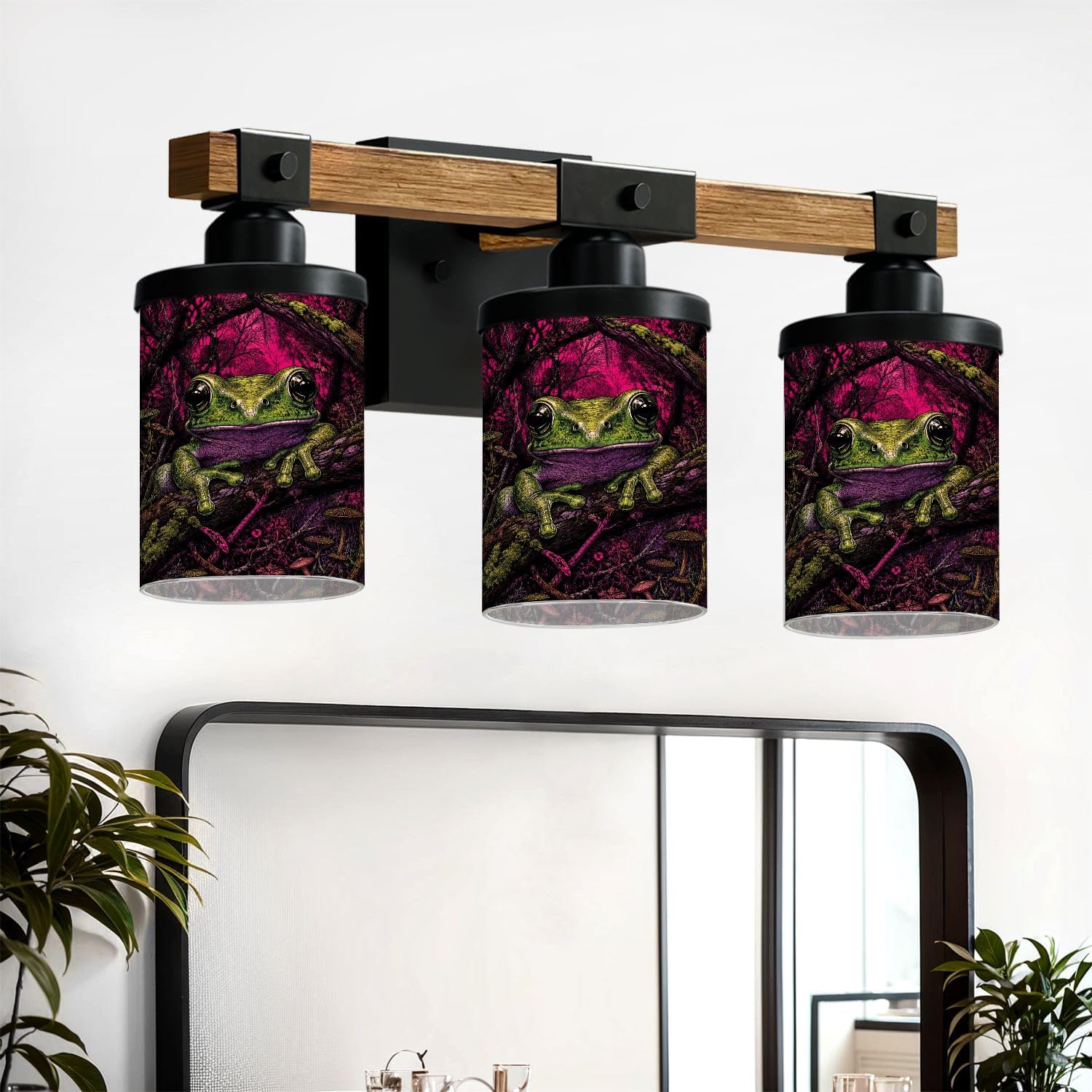 Vanity Lights for Bathroom Wall Lights for Bedroom Living Room Green Frog Perched Mossy Branch Vibrant Pink Forest Modern Bathroom Light Fixtures Wall Sconces 3 Light Home Decor