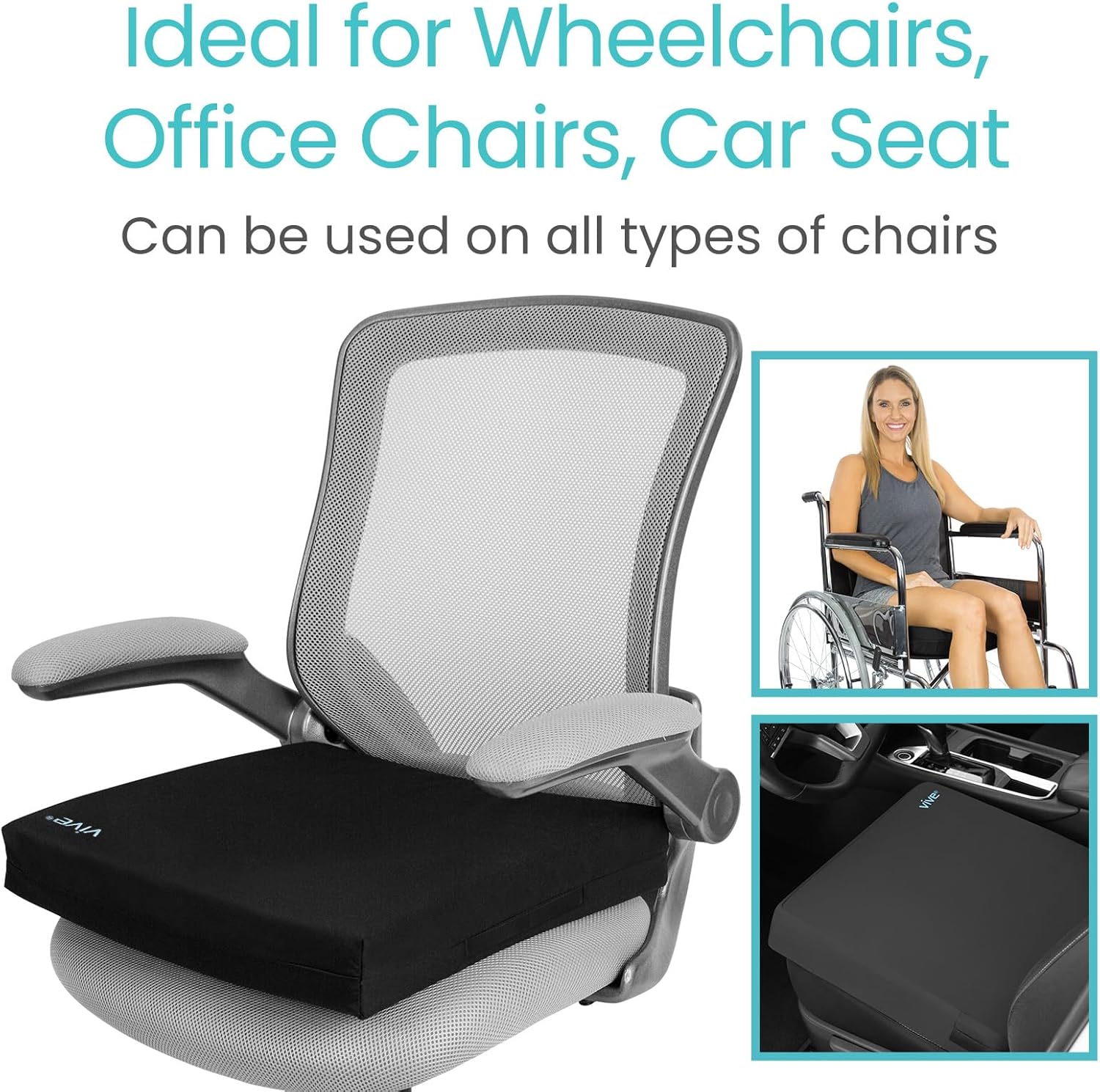 Vive Wheelchair Cushion - Wheel Chair Cushions for Senior, Pressure Relief - Wheelchair Pad, Wheelchair Seat Cushion, Foam for Office Chairs, Car, Lightweight, Portable, Easy to Clean (3")