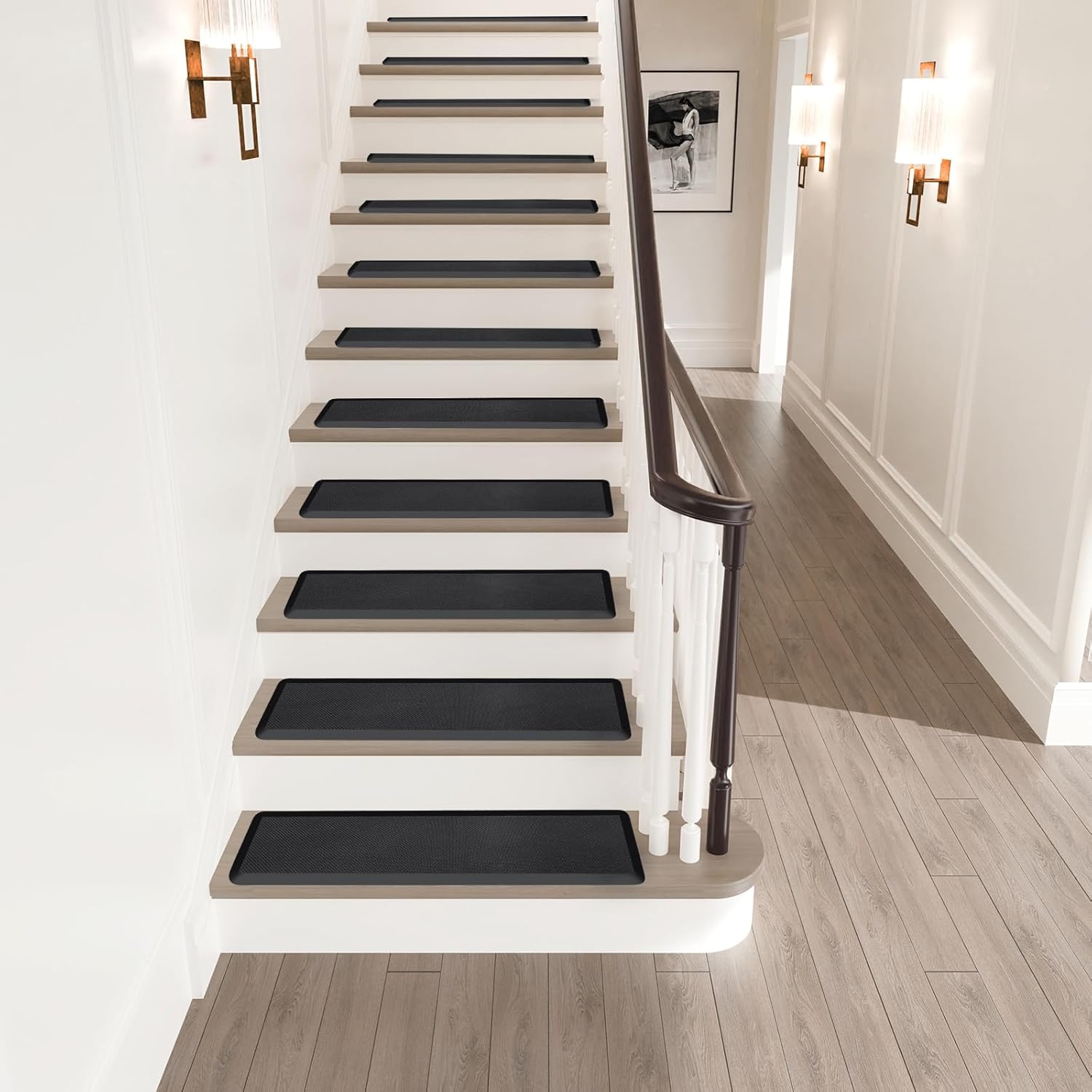 PURE ERA Cushioned Stair Mat, 8 x 30 Inch Non-Slip Stair Treads, Staircase Step Treads Foam Stair Pads, Tape Free Durable Stair Treads for Wooden Steps Washable, Easy to Clean (12 Pieces, Black)
