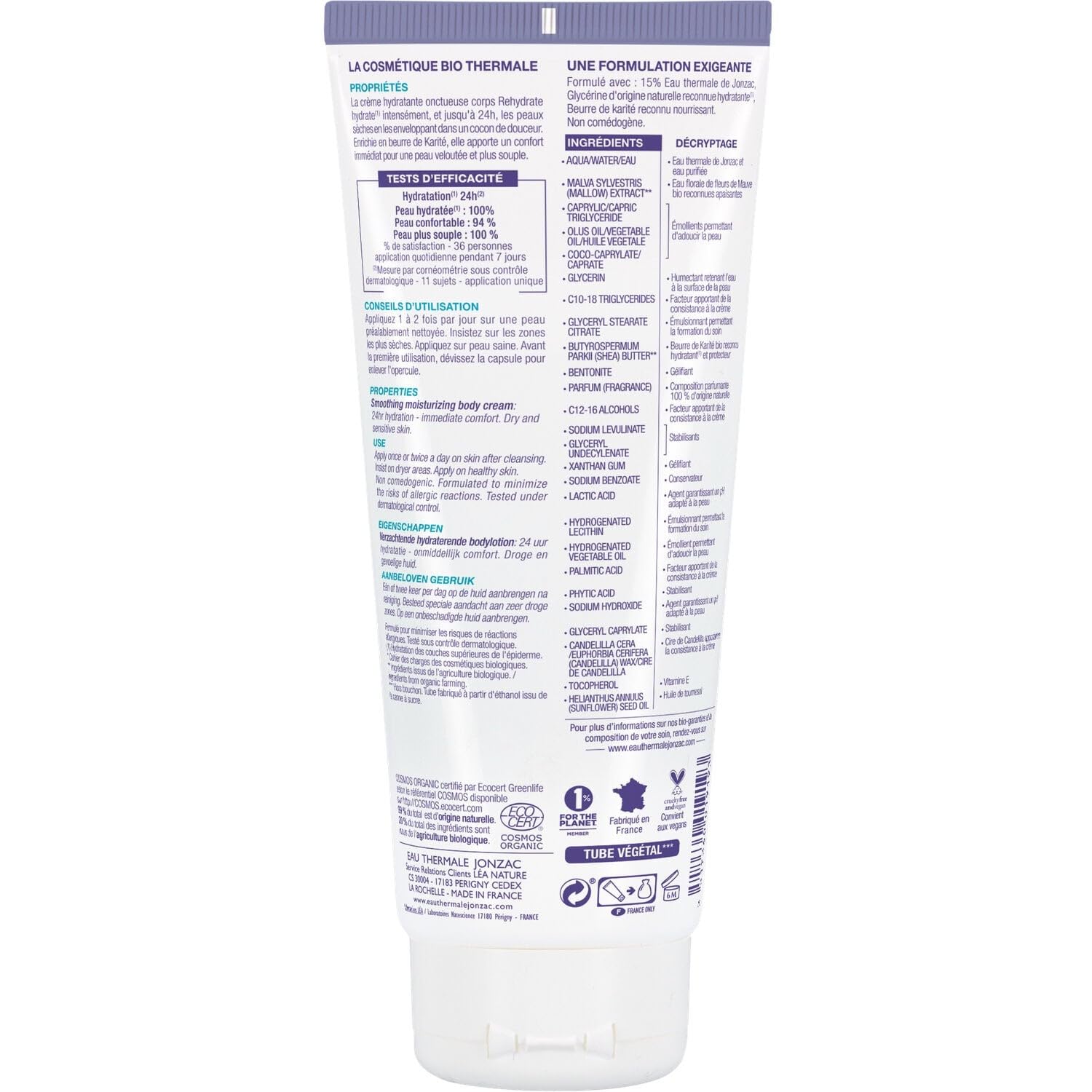 EAU THERMALE JONZAC Crème Corps Hydratante 24h Peaux Sèches et Sensibles Bio 200 ml - Pot en Plastique avec Couvercle Rabattable - Soin Onctueux Riche en Beurre de Karité - Lot de 2