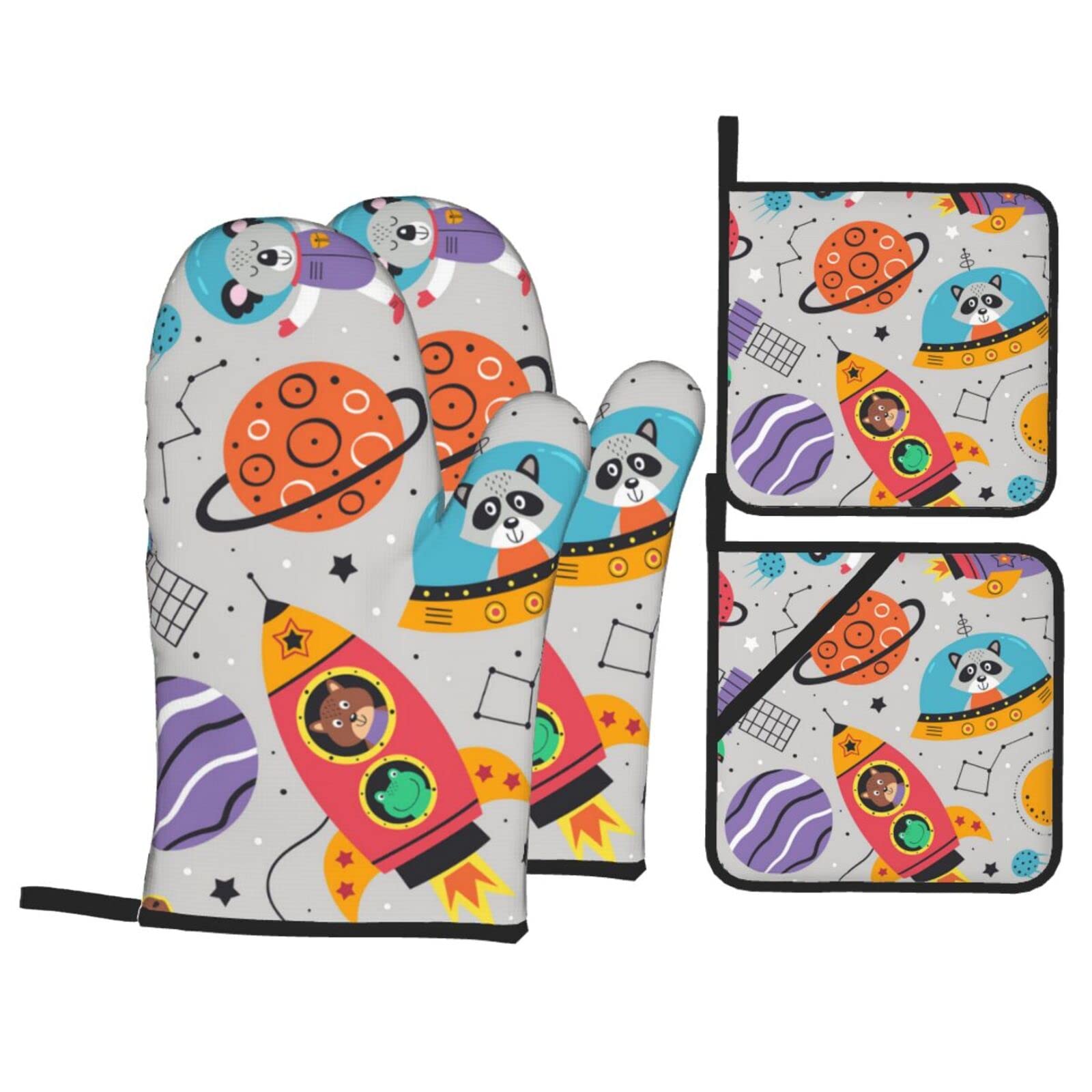 Oven Mitts And Pot Holders Sets Space Animals And Planets Heat Resistant Kitchen Bake Gloves Non-Slip Surface For Cooking Baking Grilling Barbecue