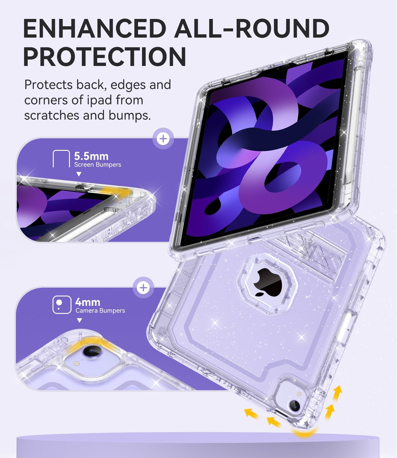 Case for iPad Air 5th/ 4th Generation Case (2022/2020) 10.9'', for iPad Pro 11 Inch (4th/3rd/2nd/1st Gen), Hard Sturdy Slim Cover for iPad Air 5 4 th with Pencil Holder/Stand, Clear Glitter