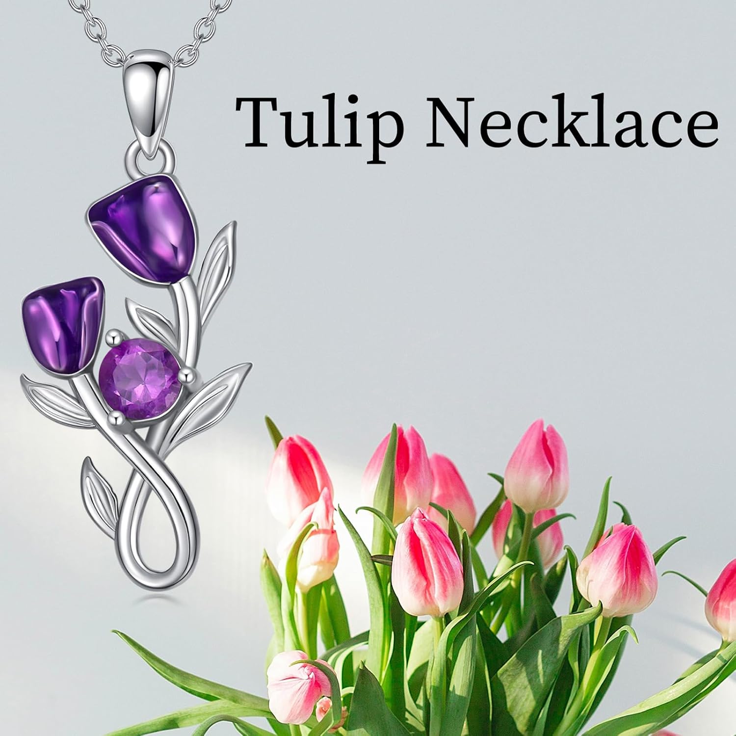 Genuine Amethyst with Purple Daisy/Tulip Flower Necklace 925 Sterling Silver Feburary Birthstone Pendant with 18+2 Inch Chain for Women Gifts - Image 6