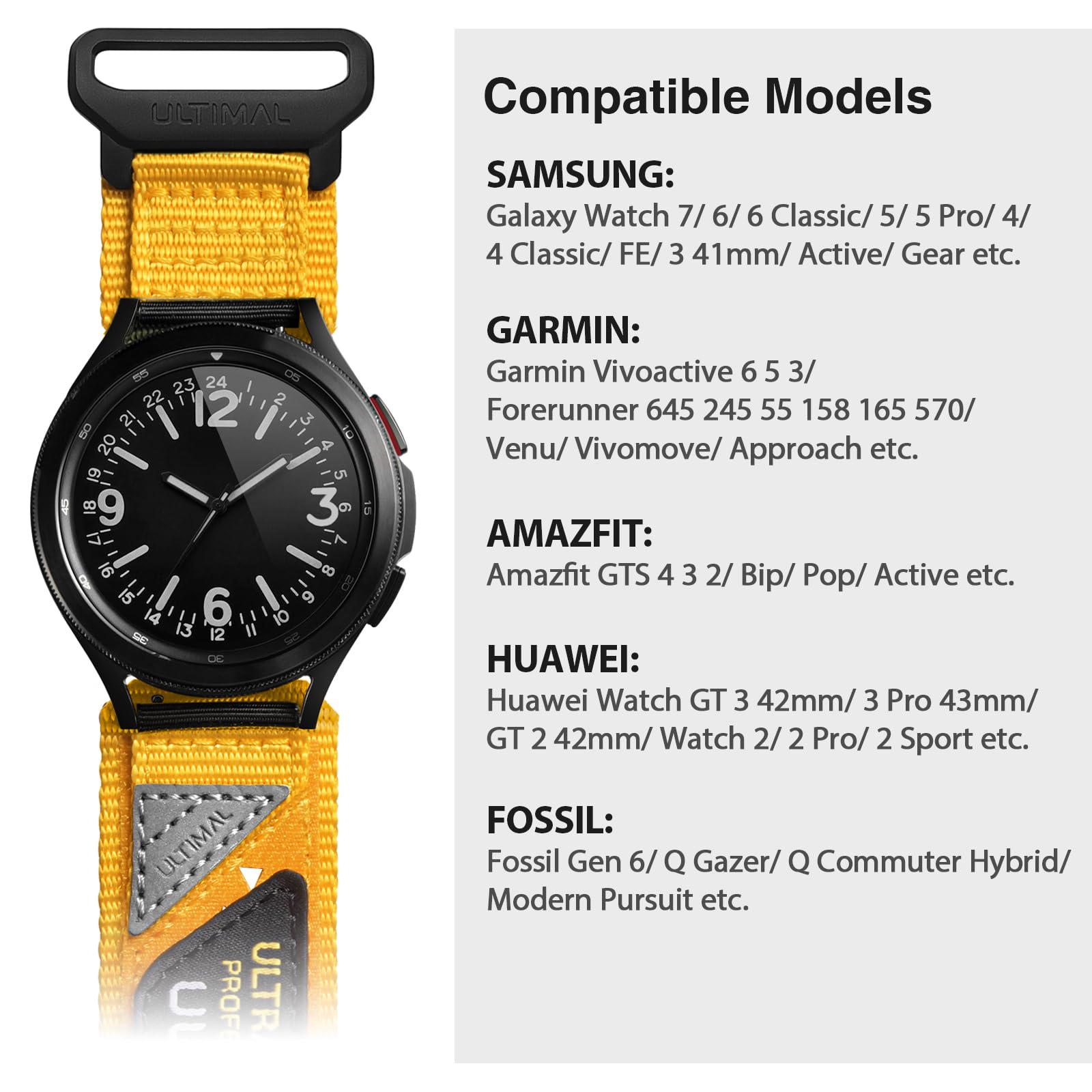 ULTIMAL Compatible avec Samsung Galaxy Watch, bracelet de sport réglable en nylon de 20 mm, design respirant pour Watch 6 Classic 43 mm 47 mm/5 Pro 45 mm/4 & 5 & 6 40 mm 44 mm/4 Classic 42 mm 46 mm