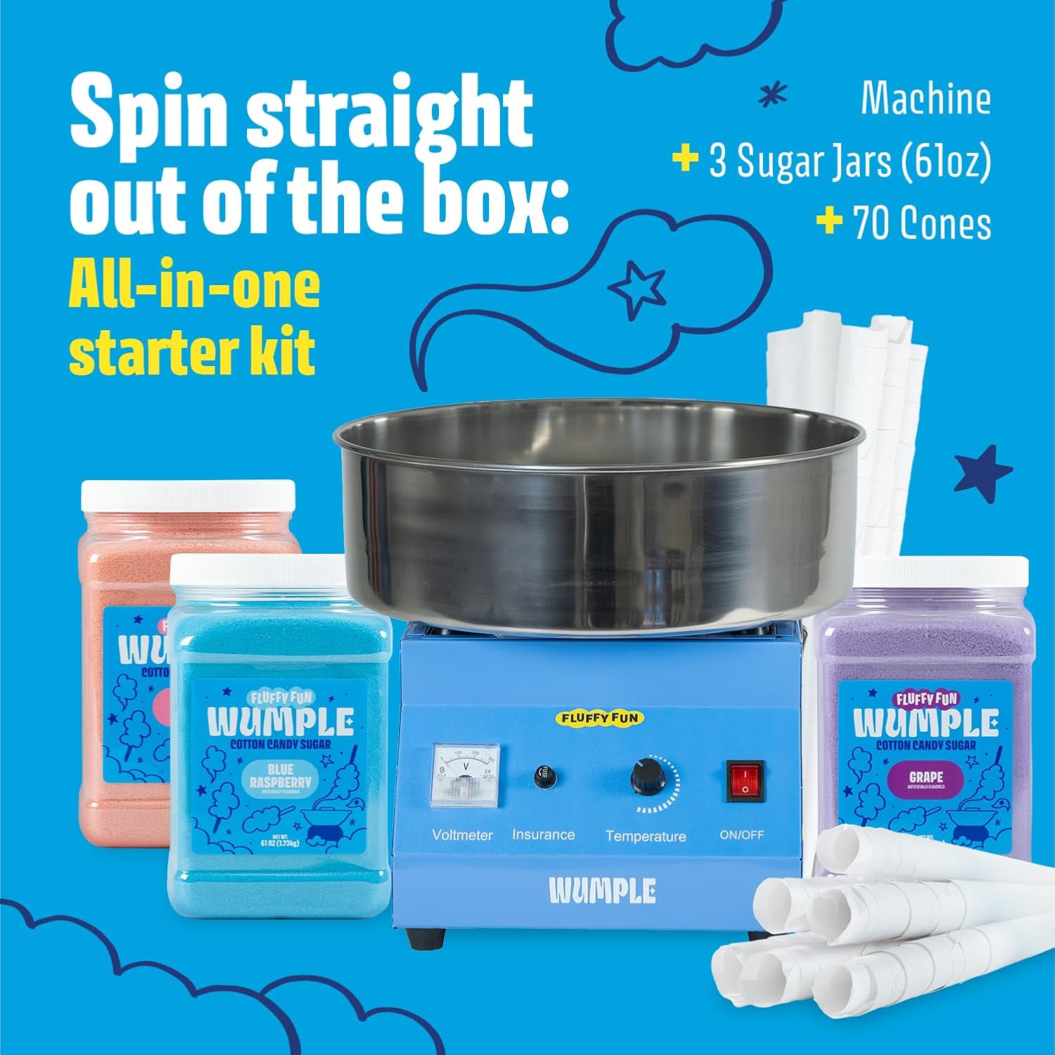 Cotton Candy Machine Kit Bundle with Flavored Sugars & Cones - Commercial Electric Cotton Candy Machine with Supplies, Stainless Steel Bowl for Parties - Blue