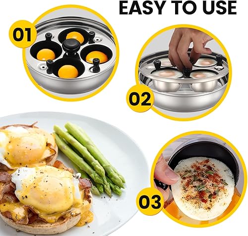 Miniatura 4 de Sartén escalfadora de huevos de acero inoxidable para 4 huevos, olla para huevos escalfados sin PFOA, utensilios de cocina con tazas antiadherentes