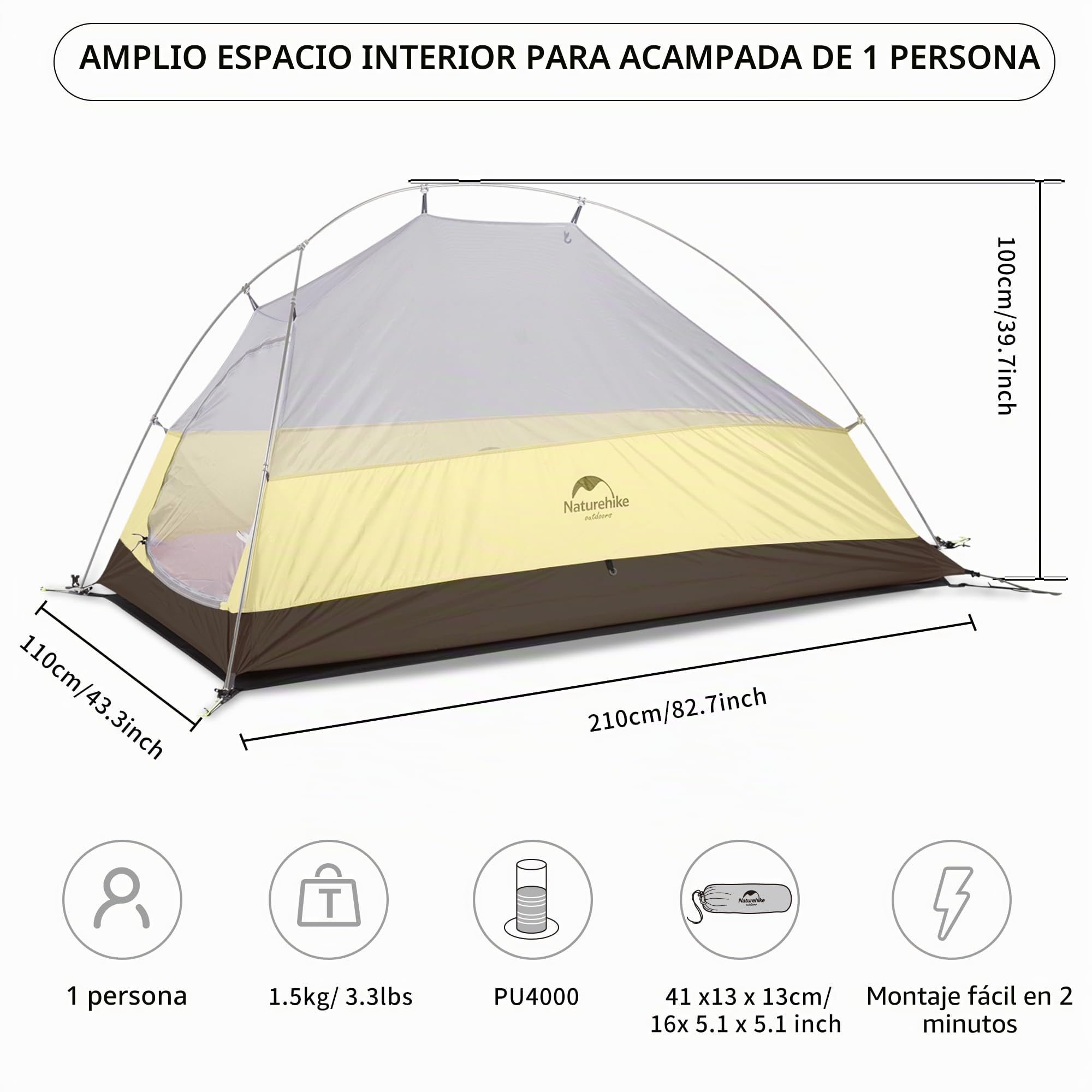 Naturehike Cloud up 1 Persona Carpa para Mochileros para Carpa de Cúpula Ligera para Acampar y Senderismo para 1 Hombre (Bosque Verde 20D)