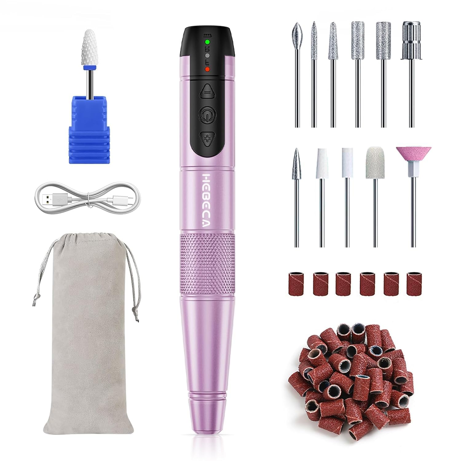 HEBECA Torno para Uñas Electrico Lima Uñas Electrica 20000RPM Nail Drill Torno para Uñas Profesional 12 en 1 Kit de Manicura y Pedicura Recargable para Uñas de Gel Acrílico Natural