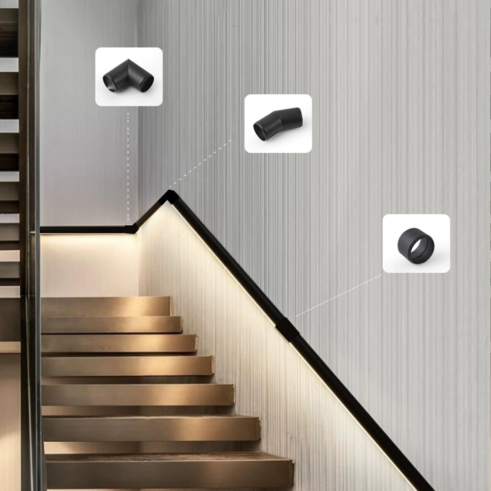 Corrimano a Parete con Luce con Sensore di Movimento, Corrimano con Luce a LED, Robusto Corrimano per Scale di Sicurezza per Scale Interne, Nero Opaco (Size : Right-24 (60cm))
