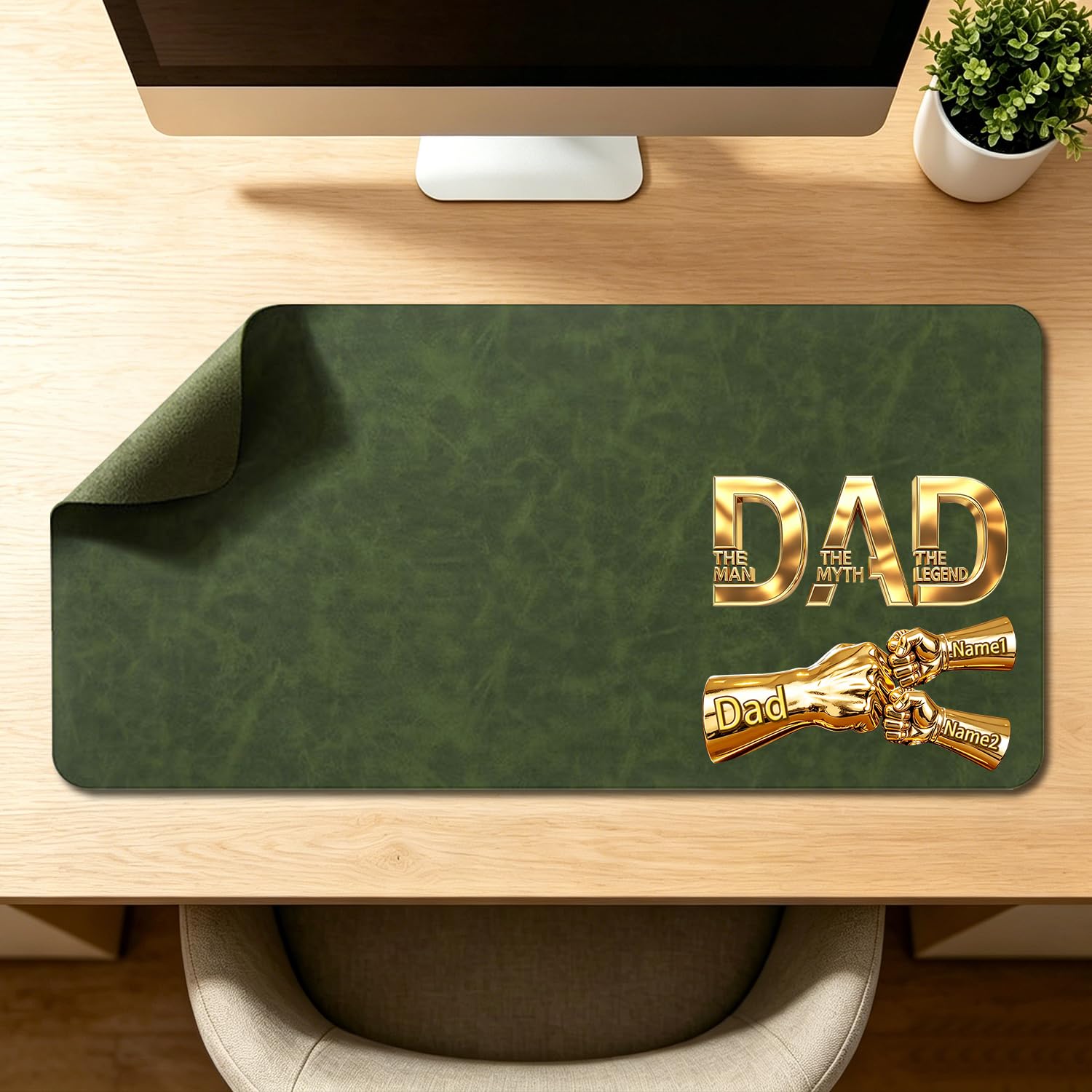 Personalize Best DAD Ever Fist Bump Dad and Kids Leather Desk Mat, Custom Father’s Day Fist Bump Leather Mouse Pad Desk Mat for Men,Daddy, Papa