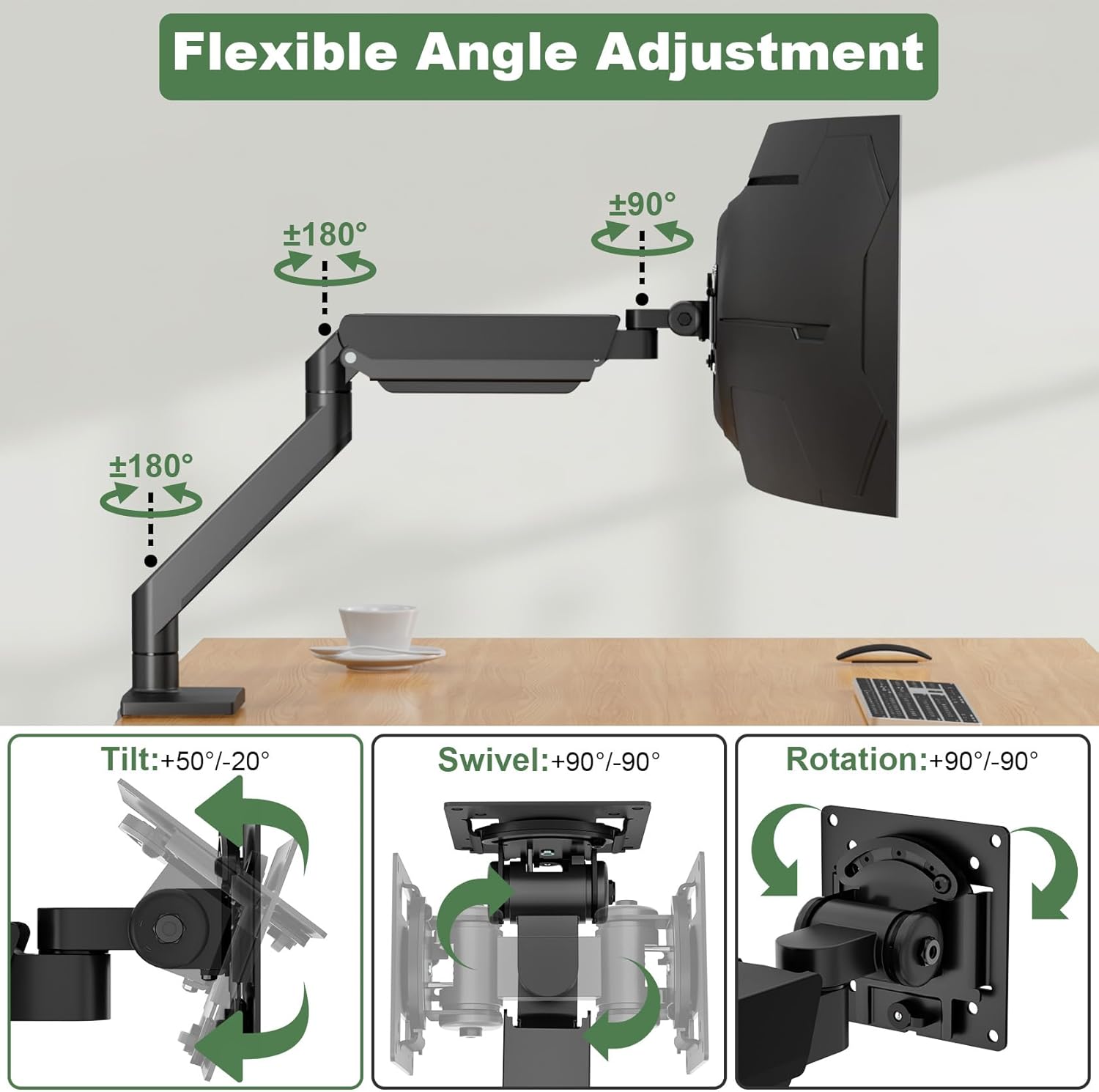 Heavy Duty Monitor Arm for 17-57 inch Screens up to 55lbs, Premium Aluminum Ultrawide Monitor Mount for Samsung 49” Odyssey G9 and LG, VESA 100x100mm, Black