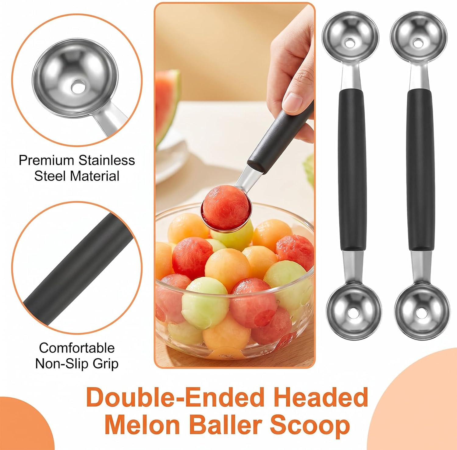 4 Pcs Melon Baller Scoop Double Ended Headed Fruit Ice Cream Ball Spoon