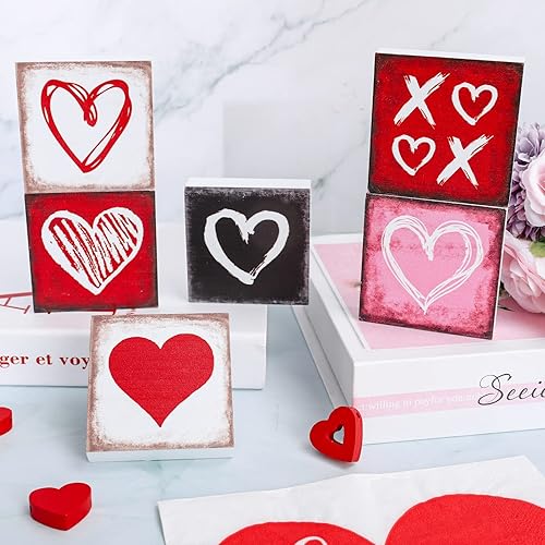 Whaline 6Pcs Valentine's Day Wooden Signs Rustic Heart XOXO Prints Wood Table Ornaments Mini Square Shape Tabletop Centerpieces for Wedding Anniversary Tiered Tray Home Decor Party Supplies