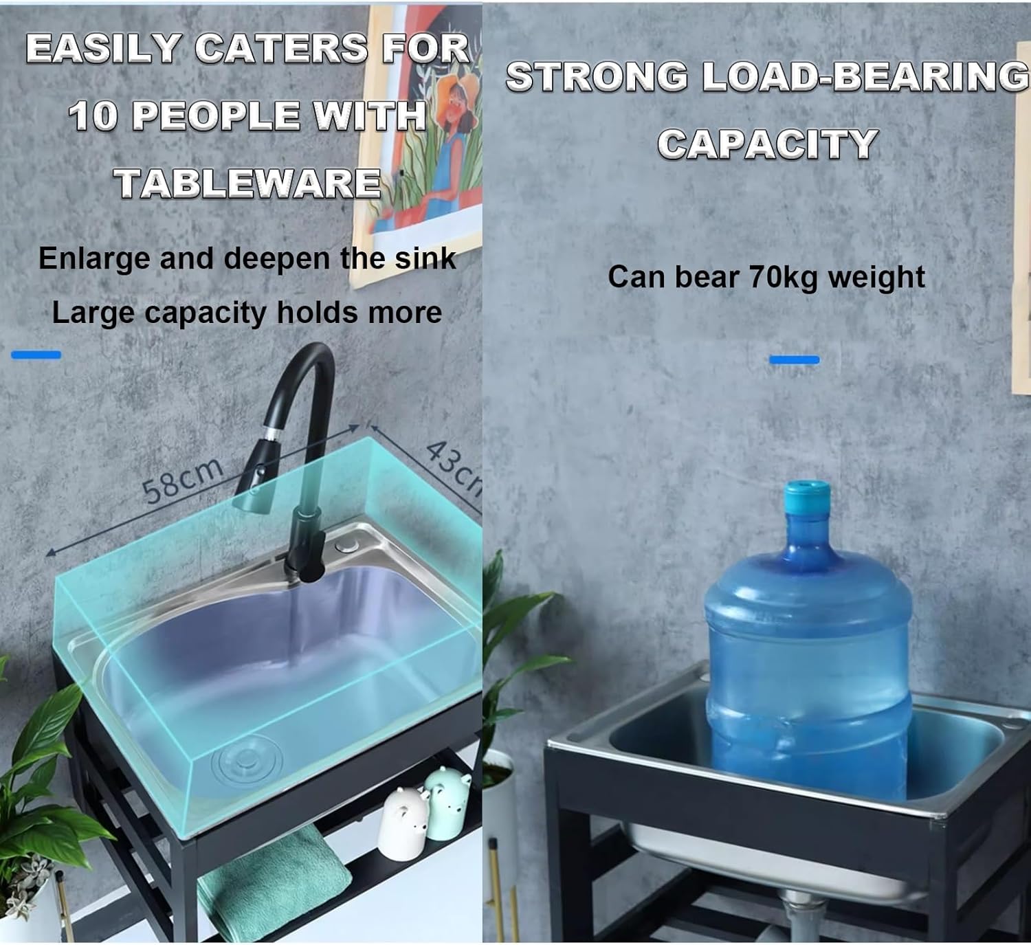 Catering Sink Stainless Steel Commercial Kitchen Sink Wall mounted stainless steel sink with storage rack 1 Compartment Set with Drain Basket & Hot and Cold Tap. (Size : 53 * 38cm/20.9 * 15in)