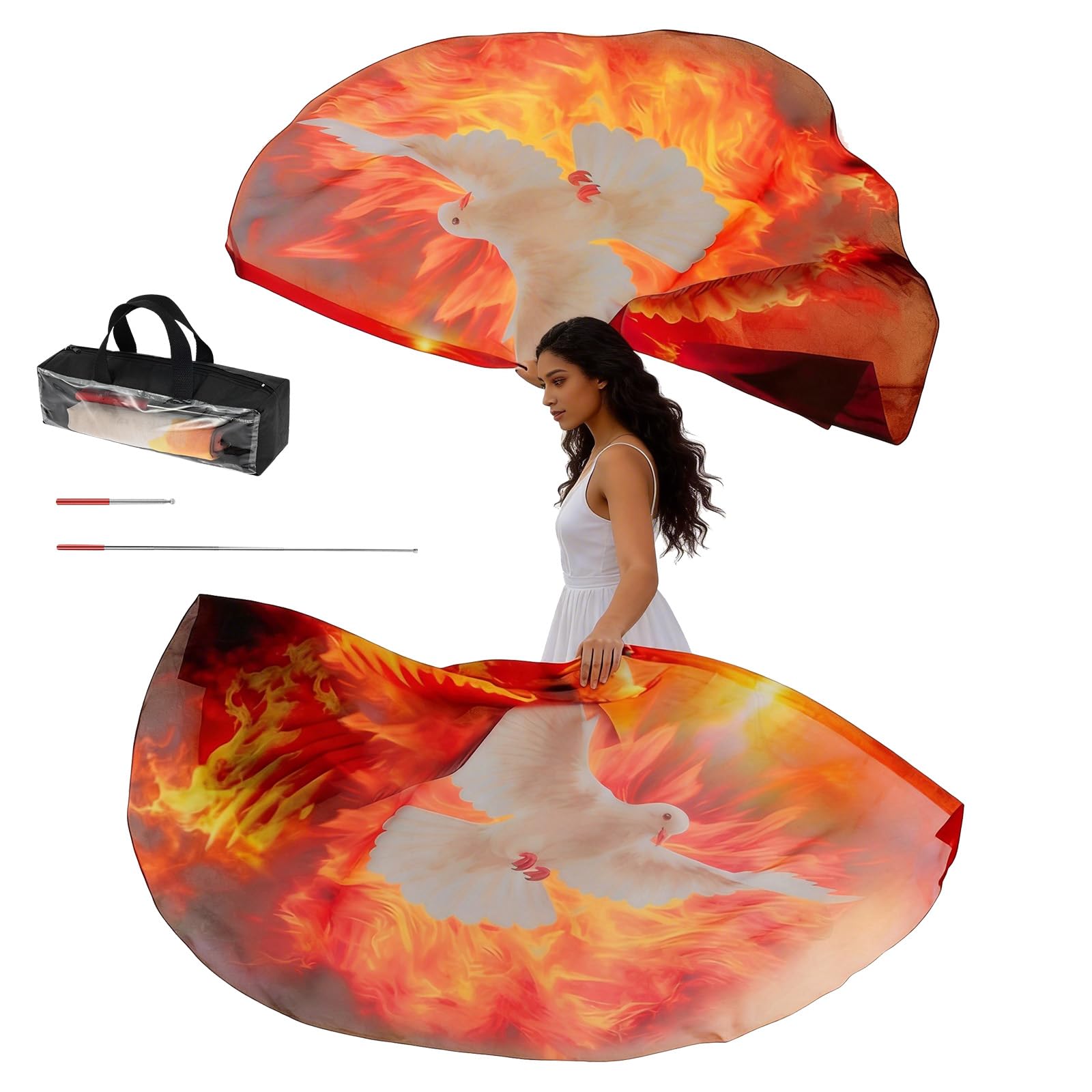 2Pcs White Dove Fire Worship Flag with Telescopic Rod, Storage Bag, Portable Fire Cloud Pattern Semicircle Fiery Worship Flag, Praise Dance Flags for Girls Adults Beginner Dance Church Performance