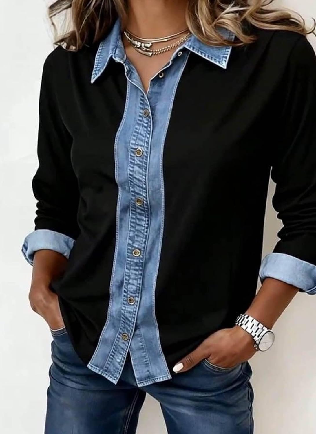 Women Button Down Denim Shirts 2025 Fall Casual Long Sleeve V Neck Chambray Black P... - Image 3