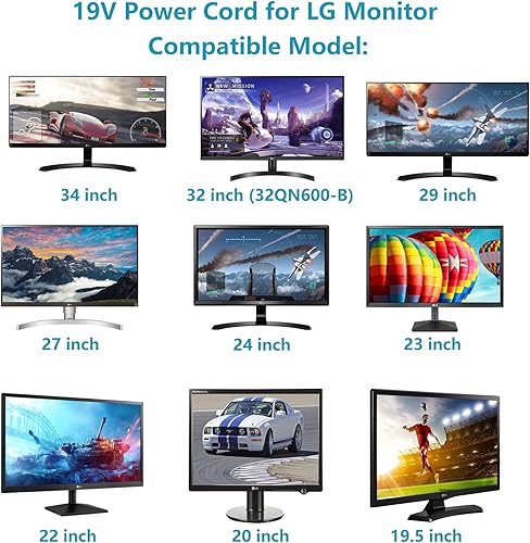 Miniatura 2 de Powe - Cable para monitor LG DC 19V 3.42A para monitor LG de 34" 32" 29" 27" 24" 23" 22" 20" 19" UltraWide IPS Curvo LED 4K UHD LCD Widescreen