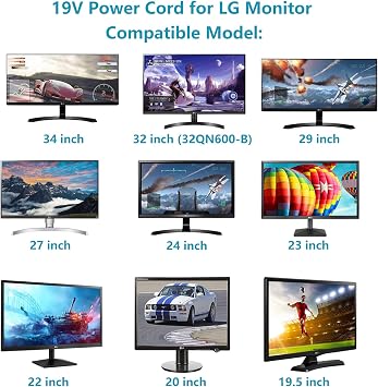 19V3.42A Powe Cord for LG Monitor 34 32 29 27 24 23 22 20 19 LG Curved 32MR50C-B 32UR500K-B 34WR55QK-B 34U530A-W IPS LED 4K UHD LCD Ultrafine UltraWide Monitor Power Supply Cord