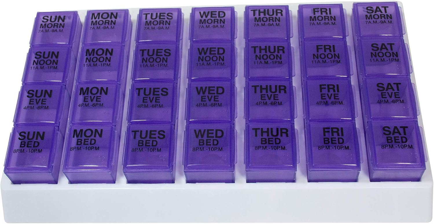 GMS Four-a-Day, Weekly, One Day at a Time, Medication Organizer - Large Slant Tray (Purple Pill Boxes in White Tray)