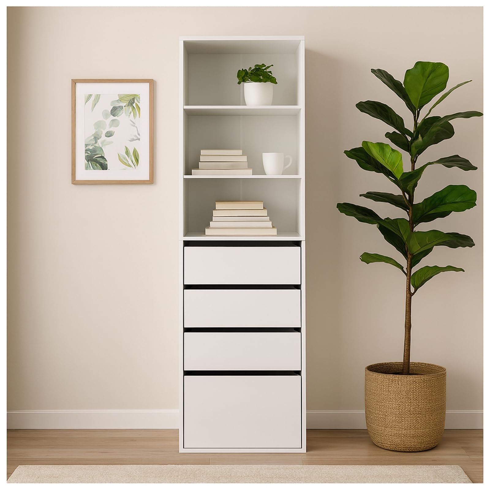 HTI living Hohe offene Kommode 3 Regalfächer 4 Schubladen Highboard Standregal Mehrzweckschrank