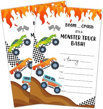 Birthday Invitation Cards, Monster Truck Party Invites, Kids Happy Birthday Party Decorations Supplies, 20 Fill-in Cards with Envelopes for Boys or Girls Party Celebration - B46