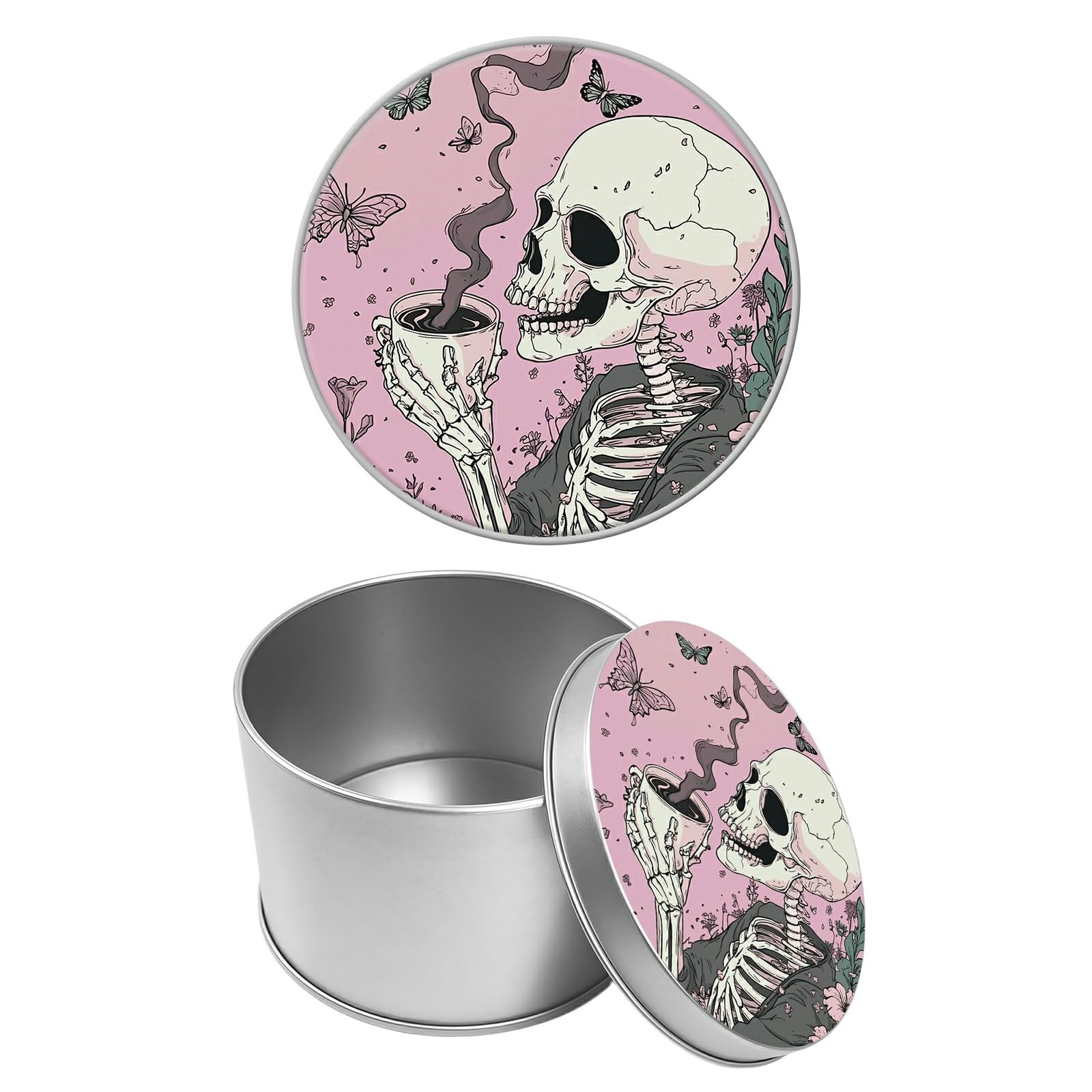 Round Metal Tin Container with Removable Lid, Pink Skull Coffee Durable Metal Storage Box for Cookies Spices Tea Candies Cakes Jewelry Cosmetics 3.54 x 2.36 inch– Single Pack