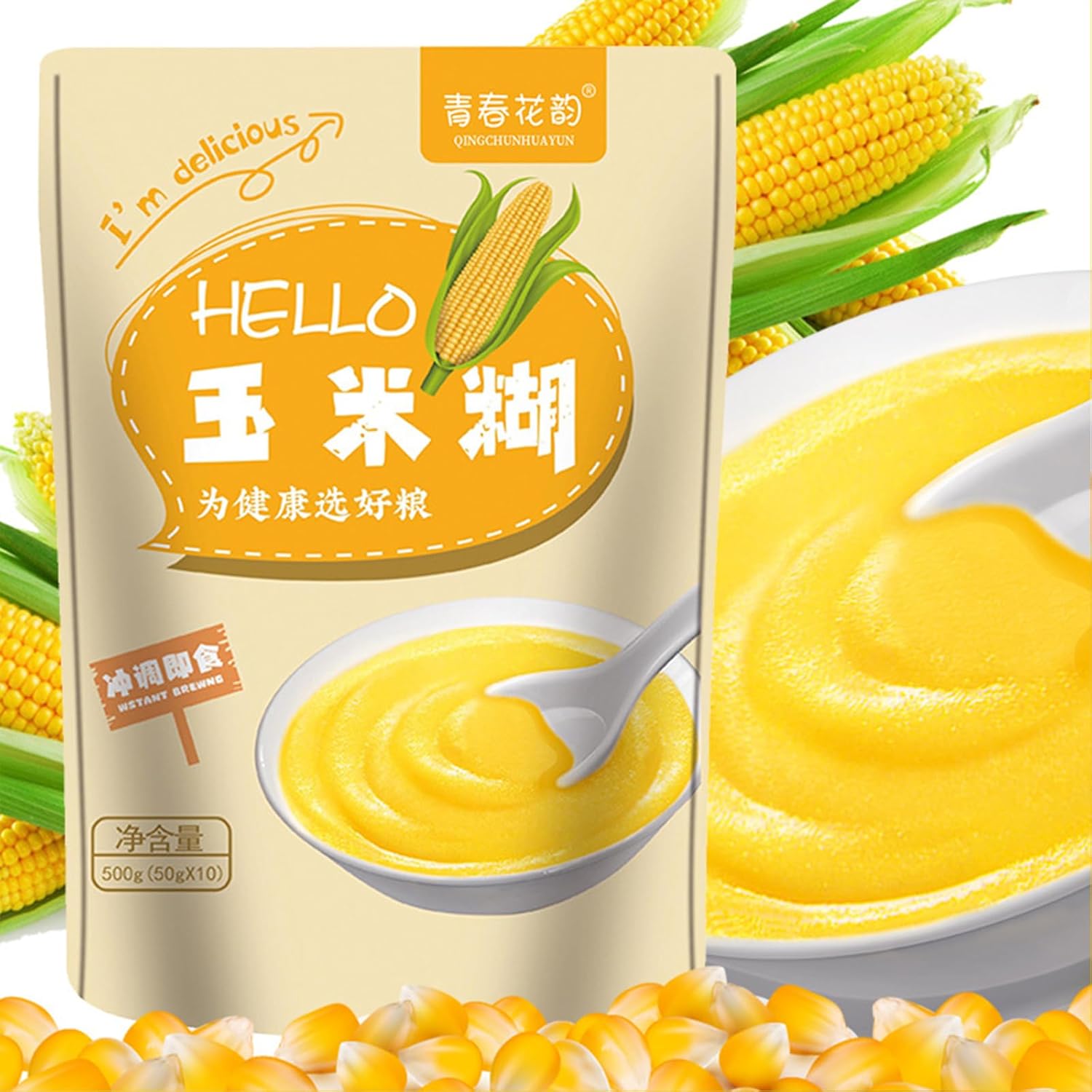 Pure Corn Porridge 500g (10 Bags) - 100% Corn Powder, Instant Preparation, Individually Portioned, Nutritious Breakfast & Meal Replacement, Pantry Food Daily Moment, Winter Warming, Relaxation