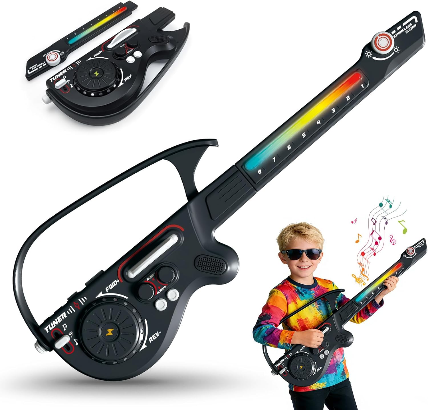 Electric Musical Guitar for Kids: Stringless Multifunctional Guitars with DJ Turntable and Lights Music Instrument Toys for Toddler Ages 3 4 5 6 7 8 9+