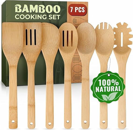 Wooden Utensil Set, Bamboo Utensils 7 PCs Wood Spoons for Cooking, Easy to Clean, Sturdy, Lightweight & Heat Resistant