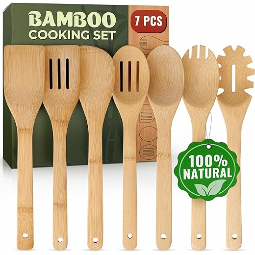 Wooden Utensil Set, Bamboo Utensils – 7 PCs Wood Spoons for Cooking, Easy to Clean, Sturdy, Lightweight & Heat Resistant