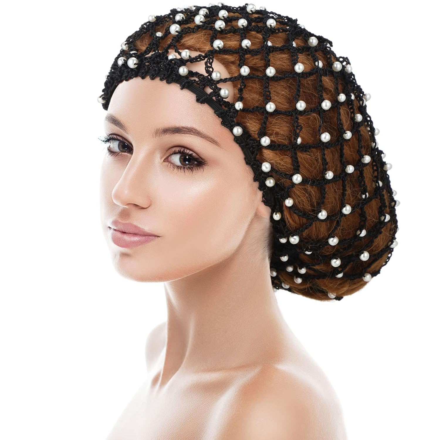 MTLEE 2 Pcs Black Mesh Crochet Pearl Hair Snood Rayon Knit Crocheted Sleeping Cap Net for Women Long Curly Hair