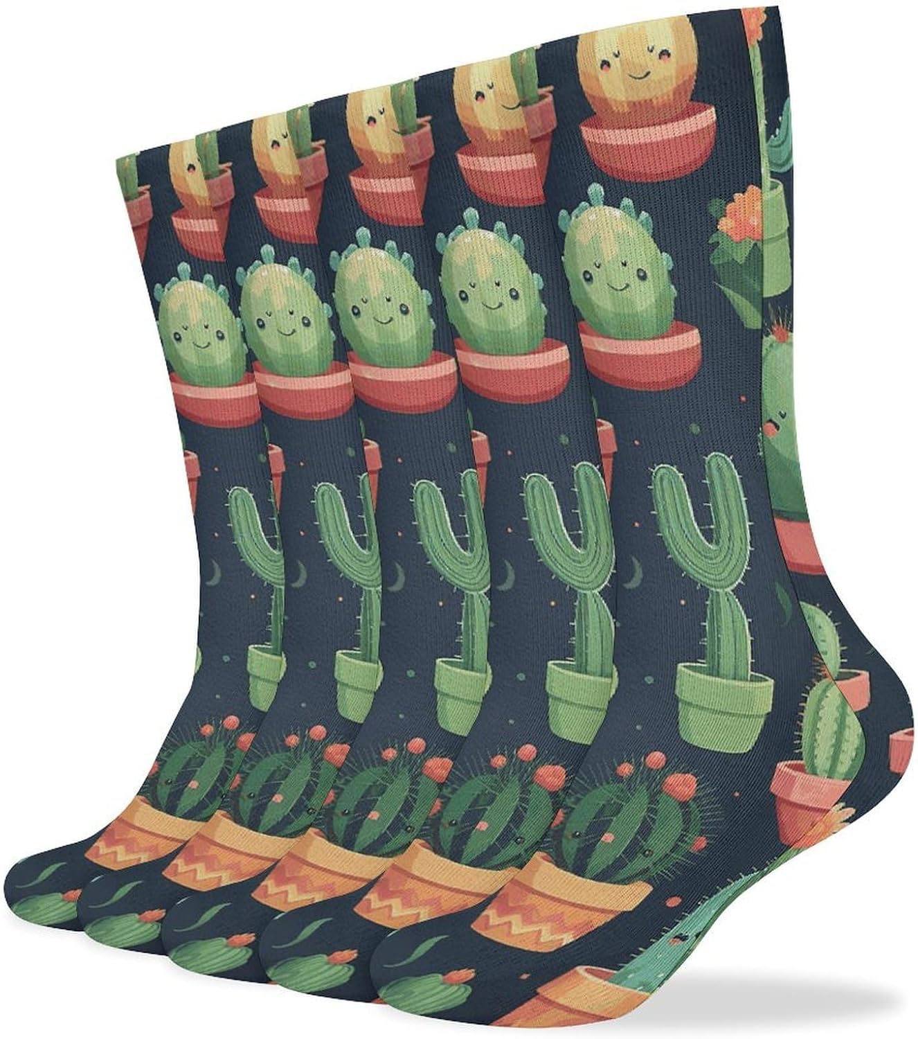 Cute Cactus Seamless Illustration Crew Socks Cozy Casual Calf Socks Lightweight Long Work Sock Breathable Athletic Sock for Hiking Sports Running 5 Pairs