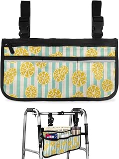 Summer Lemon Rustic Wheelchair Side Bag Walker Bag, Green Stripes Wheelchair Accessories Armrest Pouch, Organizer Storage Bag for Walkers, Rollators, Scooters, 7.3'x13'