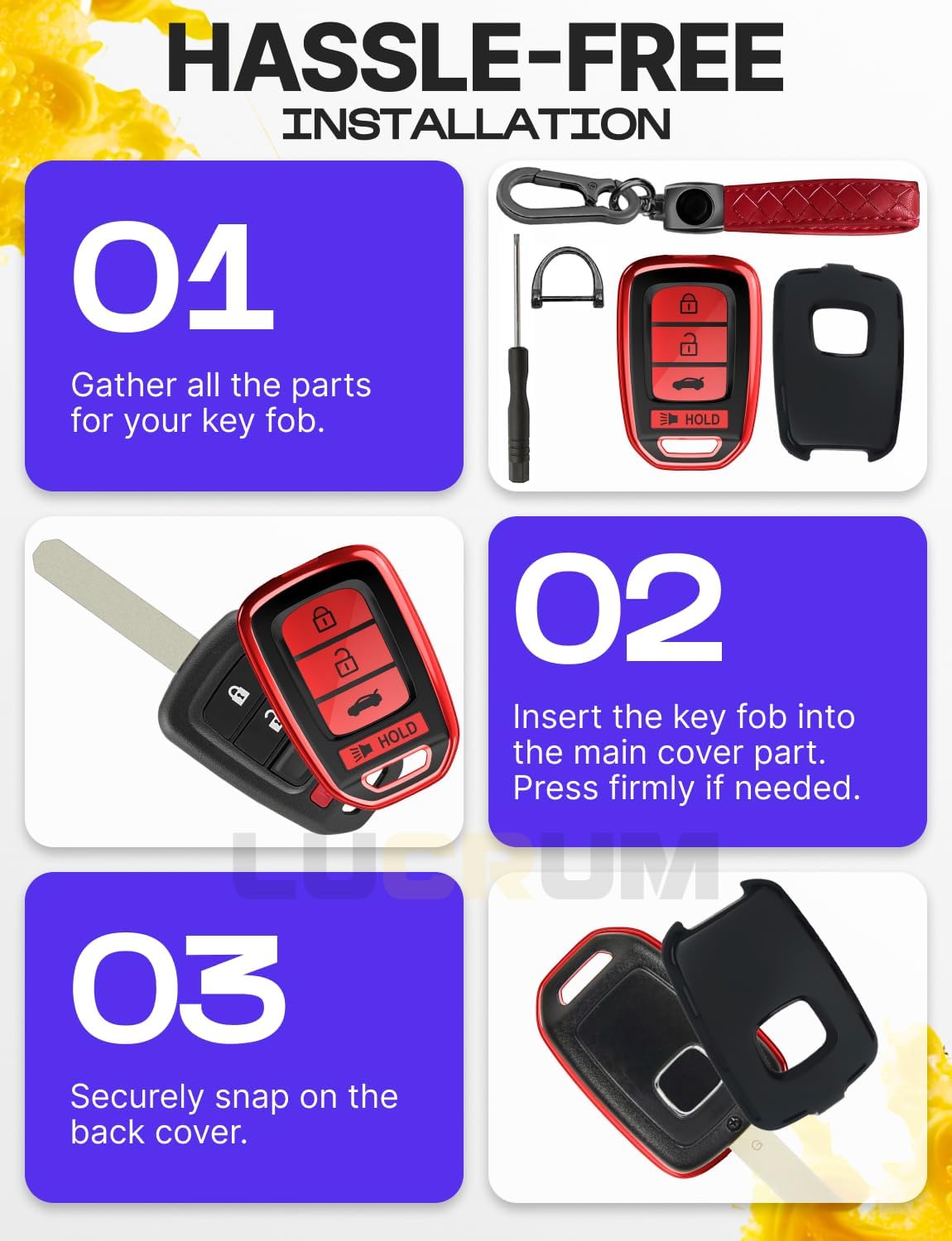  Compatible with Honda Key Fob Cover & Keychain | Fits Accord, Civic, CR-V, HR-V, Pilot, Ridgeline, SE, LX, 4 Buttons Keyfob Case (2014-2022) - Red and Black thumbnail