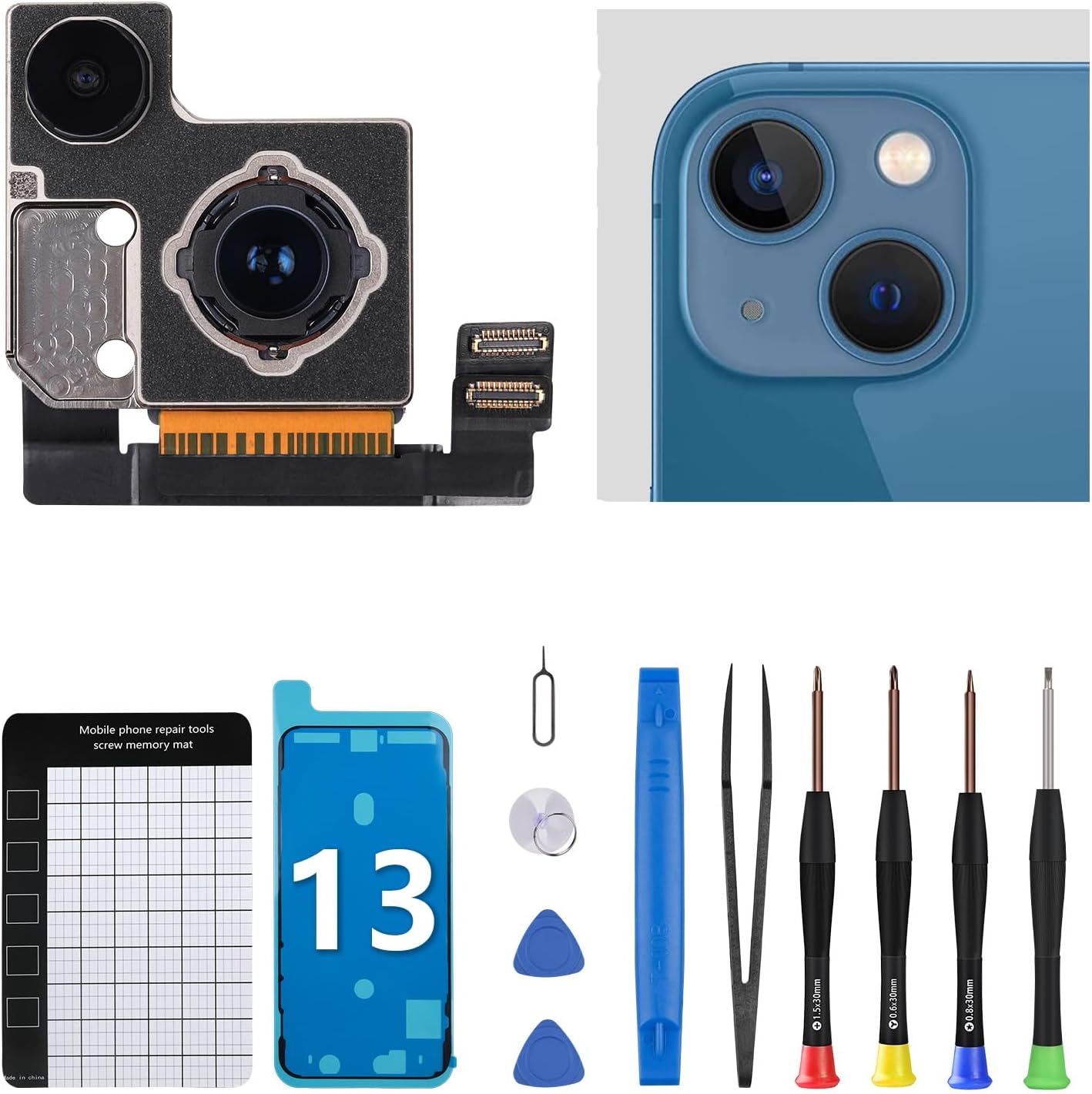 for iPhone 13 Main Rear Camera Replacement OEM for 13 Mini Dual 12MP Camera Smart HDR Photos 4K Video Lens Fix Assemble Full Repair Tools Kit with Magnetic Pads A2482 A2631 A2633 A2634 A2635