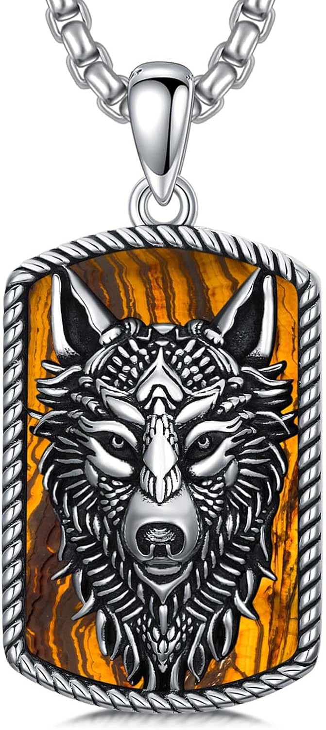バイキングウルフネックレス 925スターリングシルバー ブラックオニキス/タイガーアイストーン ウルフペンダント アニマルジュエリー