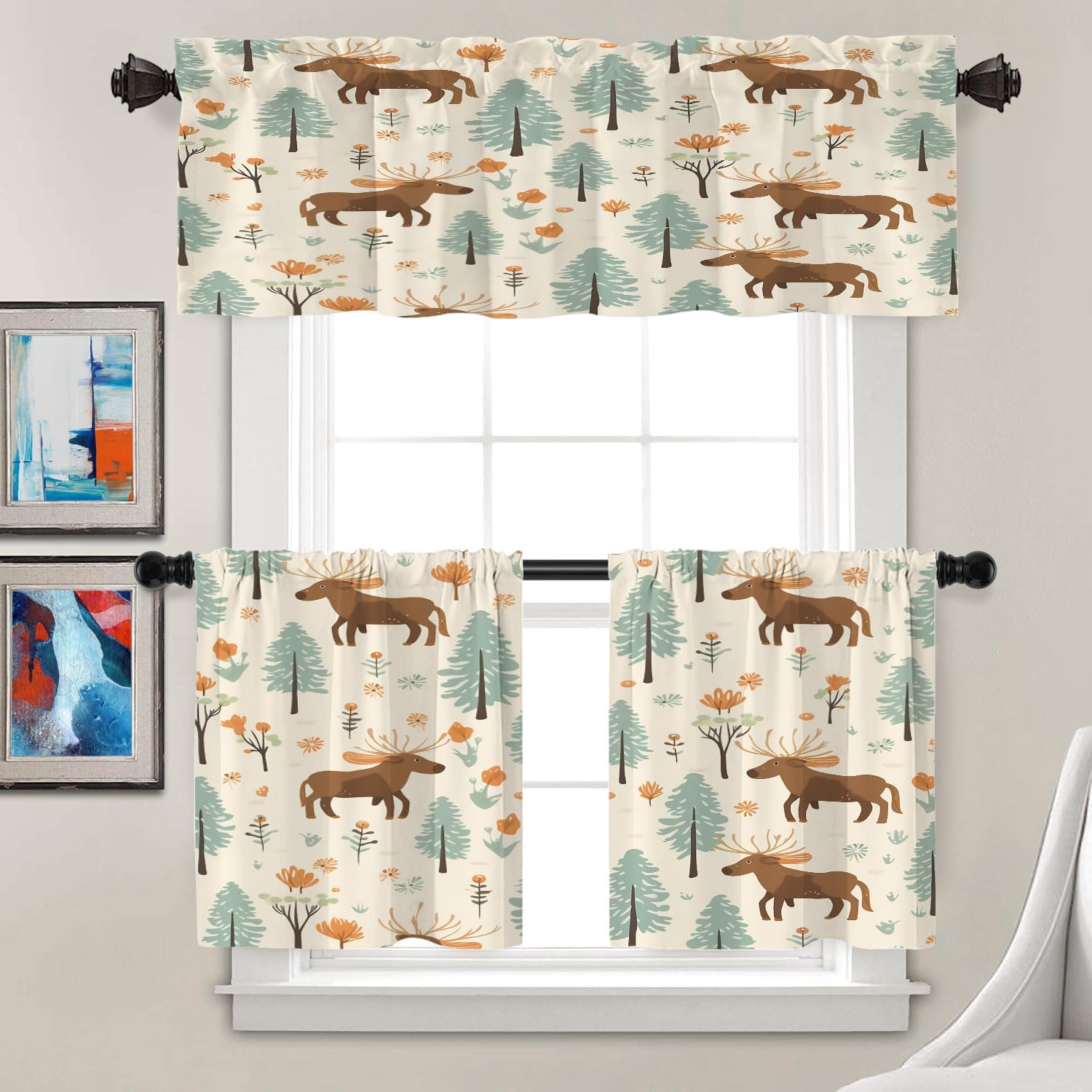 Batmerry Christmas New Year Valance Curtains, Elk Cartoon Cute Tree Window Treatment Kitchen Valances Multilayer Polyester Blackout for Living Room/Bathroom, 2 Pack 52x16 inches