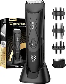 ENSSU Aparador de cabelo masculino, aparador de barba com lâmina de cerâmica segura para a pele e base de carregamento sem fio, barbeador elétrico recarregável para cuidados corporais masculinos