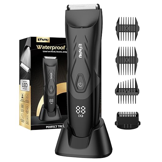 ENSSU Aparador de cabelo masculino, aparador de barba com lâmina de cerâmica segura para a pele e base de carregamento sem fio, barbeador elétrico recarregável para cuidados corporais masculinos