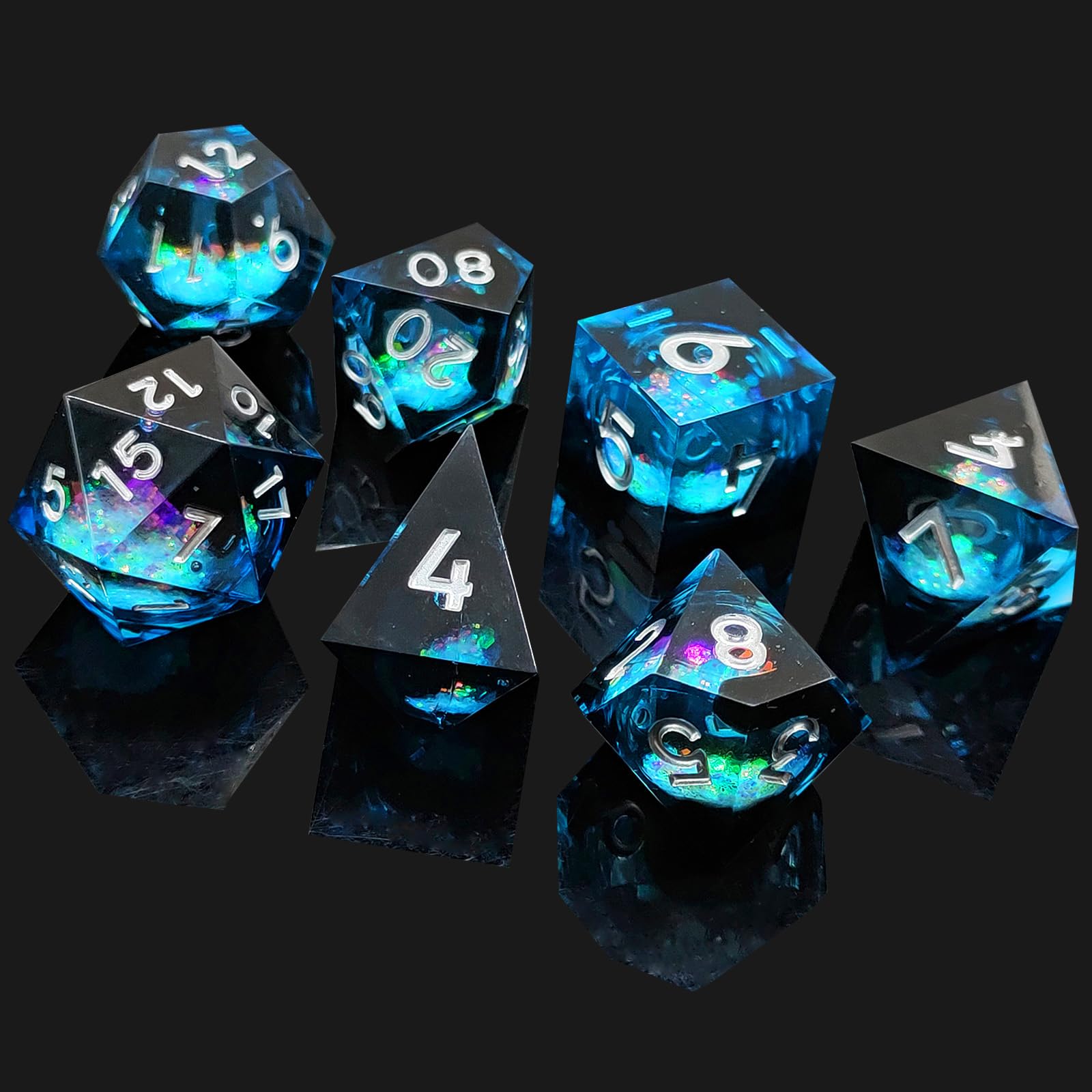 ORUZA 7 PCS Liquid Core DND Dice Resin Sharp Edge Dice Polyhedral D&D Dice Set for Dungeons and Dragons RPG MTG Table Games (Liquid Quicksand Black Blue) - Image 4