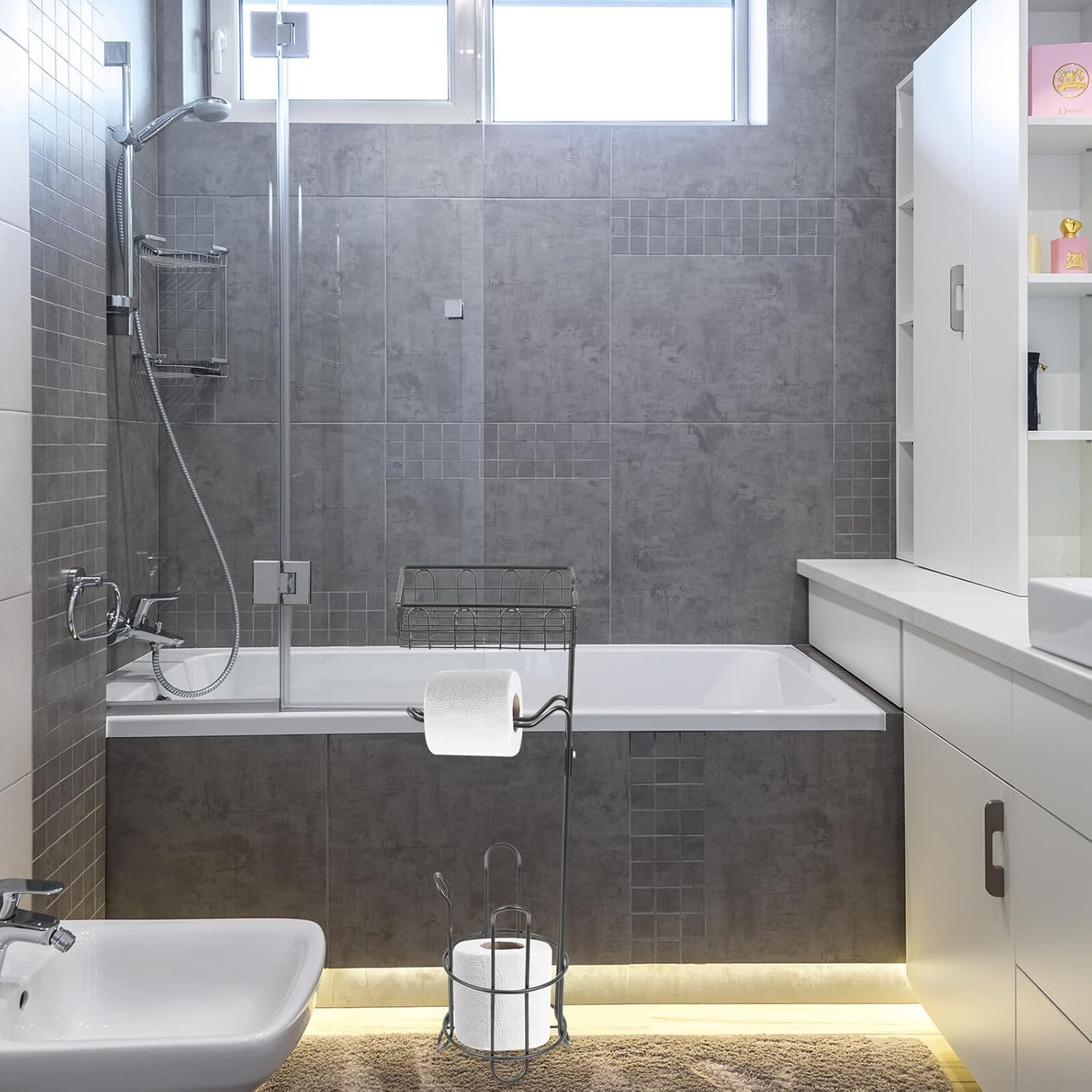 Freestanding Toilet Paper Holder Black Iron Mesh Tissue Stand Vertical Paper Rack with Shelf Bathroom Organizer Storage Rack