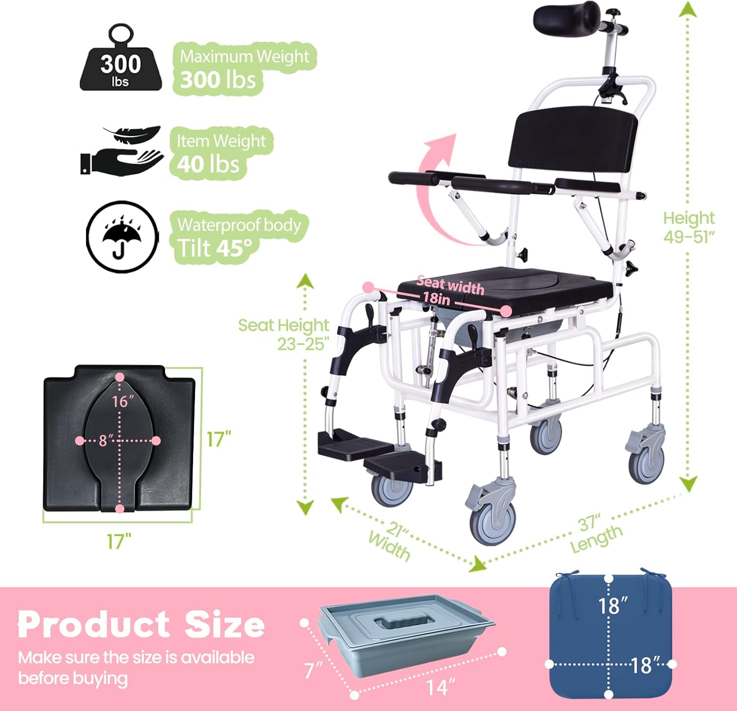 Shower Chair Reclining Wheelchair, Bedside Commode for Seniors, Medical Shower Chair Toilet Chair 300 lb Capacity, Adjustable Transport Wheelchair with Soft Seat Cushion Black