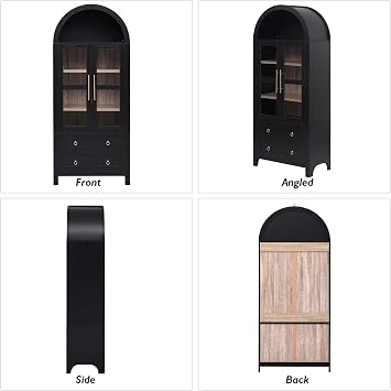 Curved Bookshelf with Cabinet, Tall Arch Bookcase with Drawers, Black Book Shelf with Glass Doors, Wood Arched Bookshelf with Adjustable Shelves for Study Office (Black)
