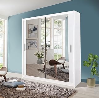 Armario moderno con doble espejo con puerta corredera, 203 cm de ancho, color blanco, fabricado por expertos para un almacenamiento elegante