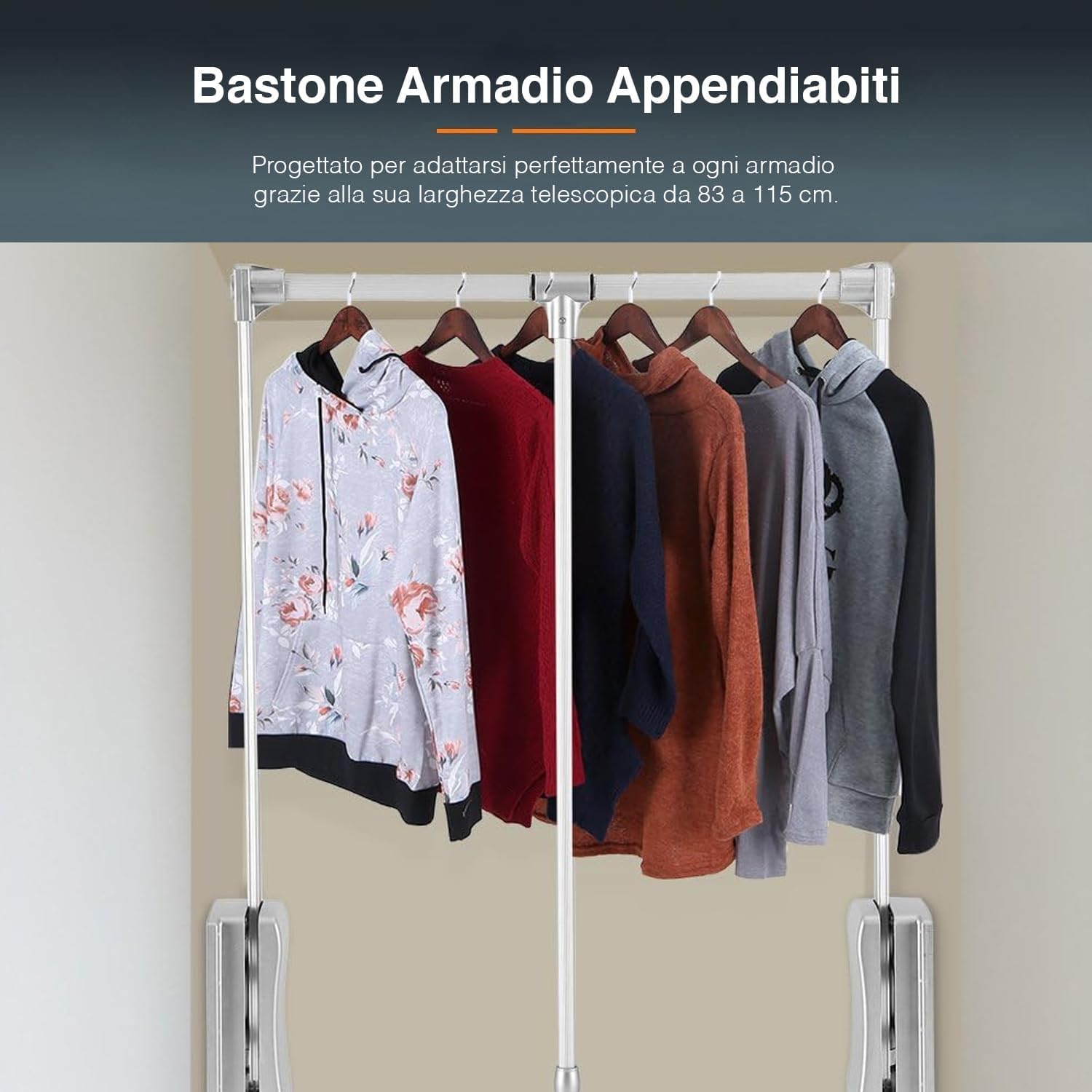 Avilia Appendiabiti Saliscendi per Armadio in Acciaio Cromato, 83-115cm - Asta Appendiabiti Regolabile e Estensibile, Carico Max 12kg, Montaggio Facile e Veloce
