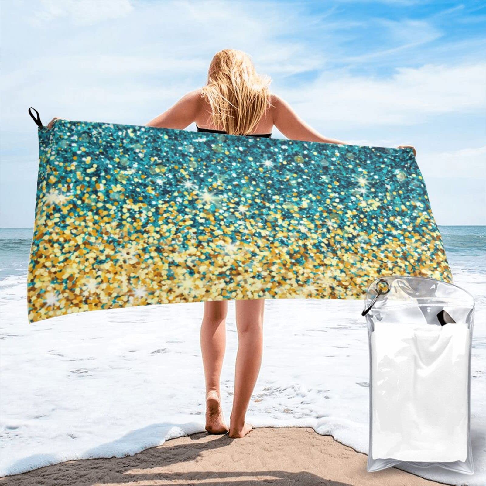 Lawenp Colorful Glitter Sparkling Microfiber Beach Towel Adults Large Quick Drying Bath Towel Travel Towels with Pouch 31.5"x63"